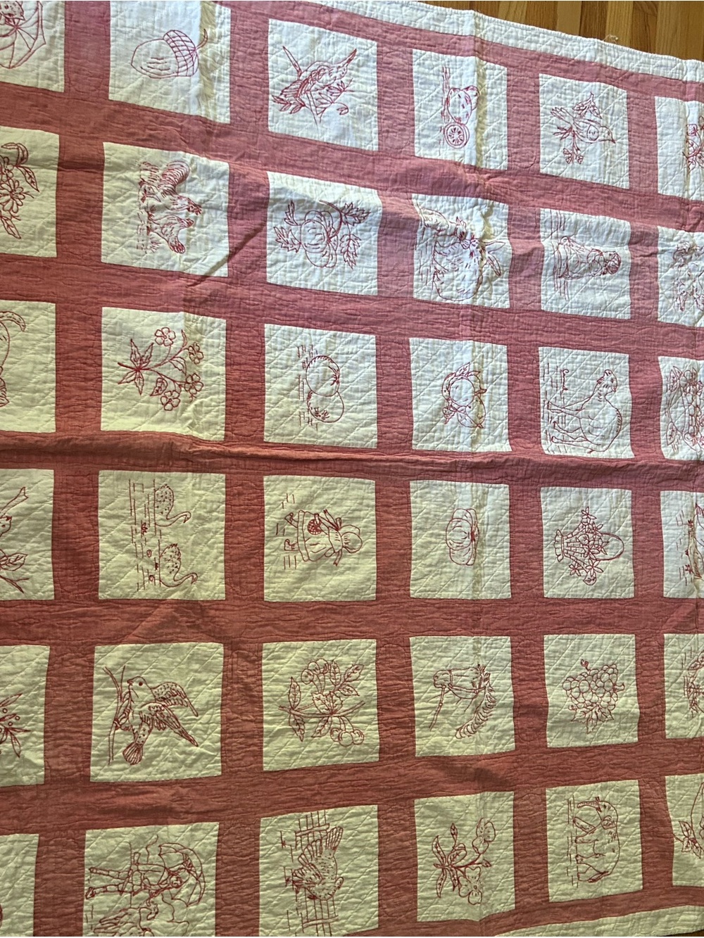 Vintage/ Antique Hand-Quilted Redwork Patchwork Quilt - Red and Cream